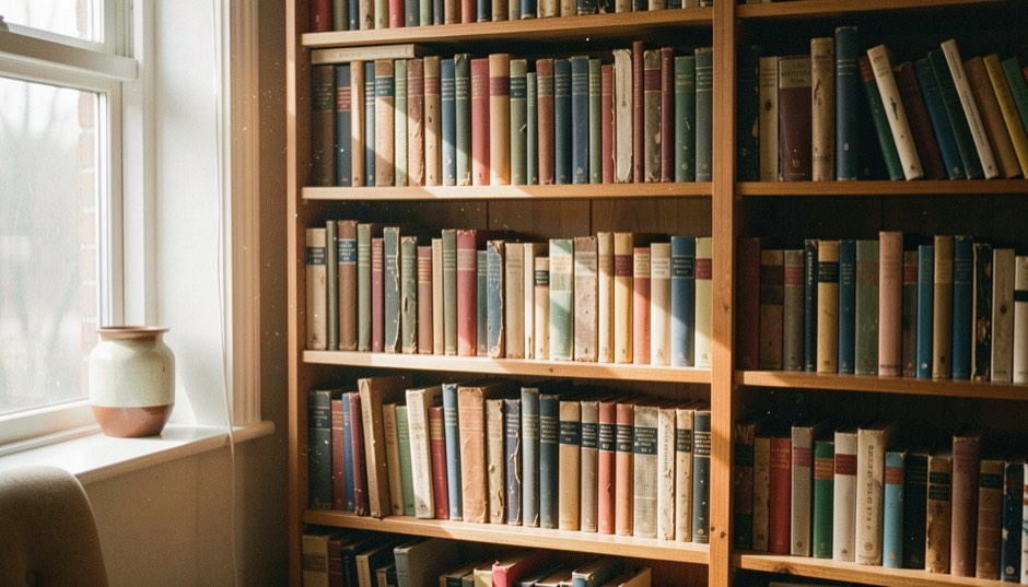 Een houten boekenkast vol gebruikte boeken met verkleurde ruggen, gezien in strijklicht van een raam.